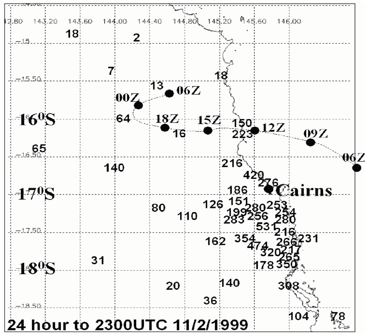 24 hour rainfall (mm) for 11 Feburary 1999 with the track of tropical cyclone Rona